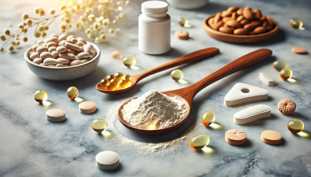 The Best Supplements for Bones and Joints: Boost Mobility and Reduce Pain Naturally 2 A serene and natural composition featuring bone and joint health supplements, including a wooden spoon filled with collagen powder, fish oil capsules, and vitamin D tablets, elegantly arranged on a marble surface with soft ambient lighting