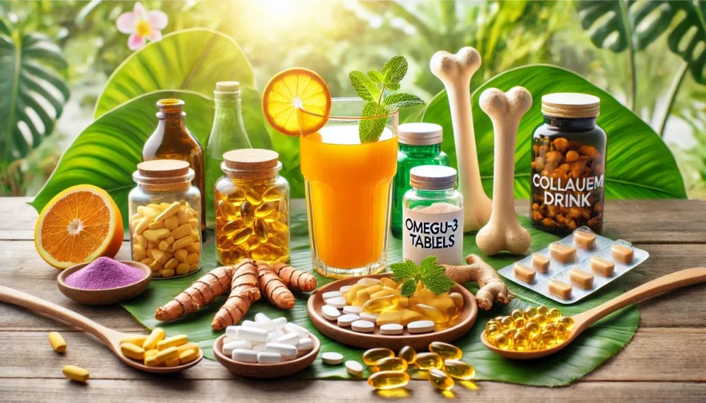 The Best Supplements for Bones and Joints: Boost Mobility and Reduce Pain Naturally 3 A vibrant and health-focused display of bone and joint supplements, featuring turmeric root, omega-3 soft gels, calcium tablets, and a glass of collagen drink, beautifully arranged on a fresh green leaf background with bright natural lighting