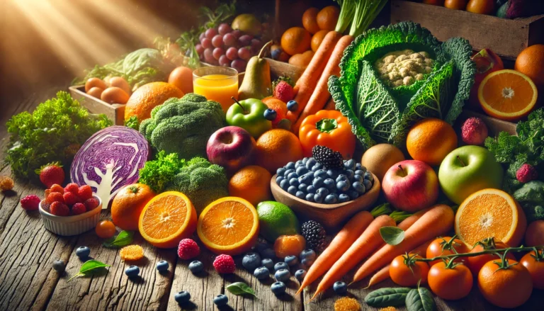 A vibrant assortment of fresh organic fruits and vegetables, including oranges, carrots, kale, and blueberries, arranged on a rustic wooden table with natural sunlight highlighting their colors and textures, symbolizing whole food nutrition
