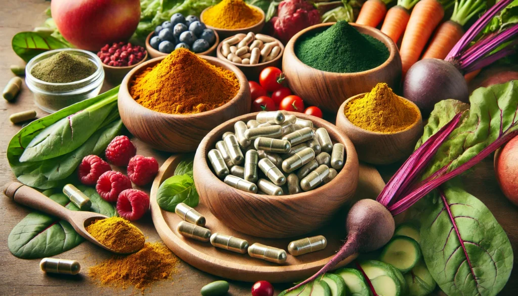 The Best Whole Food Vitamin Supplements: Unlocking Maximum Nutrition for Optimal Health 1 A close-up of nutrient-rich whole food supplements in powder and capsule form, made from organic fruits and vegetables, elegantly placed in wooden bowls, surrounded by fresh superfoods like turmeric, spirulina, and beets