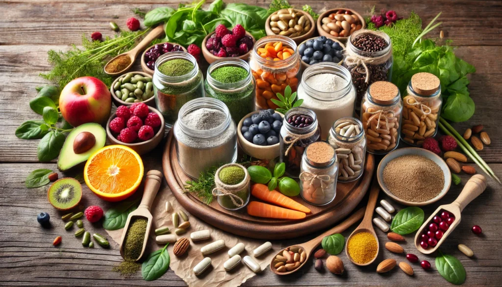 The Best Whole Food Vitamin Supplements: Unlocking Maximum Nutrition for Optimal Health 2 A beautiful composition of whole food vitamins and supplements derived from nature, displayed on a wooden surface with nutrient-rich ingredients such as leafy greens, berries, nuts, and seeds, alongside glass jars filled with natural powders and capsules