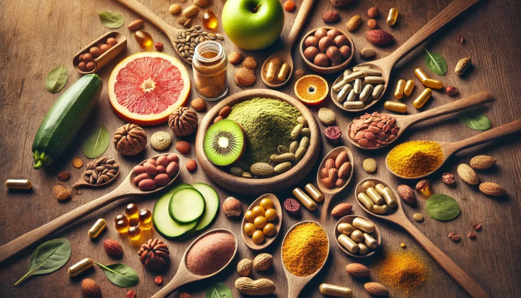The Best Whole Food Vitamin Supplements: Unlocking Maximum Nutrition for Optimal Health 3 An artistic flat-lay arrangement of whole food supplement ingredients such as nuts, seeds, fruits, and vegetables, surrounding wooden spoons filled with natural vitamin powders and capsules, illuminated by warm lighting to enhance textures and vibrant colors
