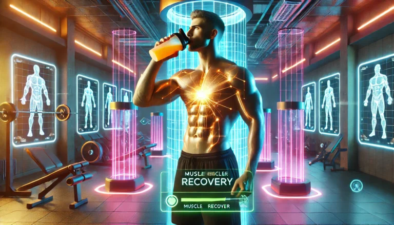 A muscular athlete in a futuristic gym, drinking a glowing protein shake under neon recovery lights. The background features advanced fitness recovery equipment and holographic displays, symbolizing muscle regeneration and growth.