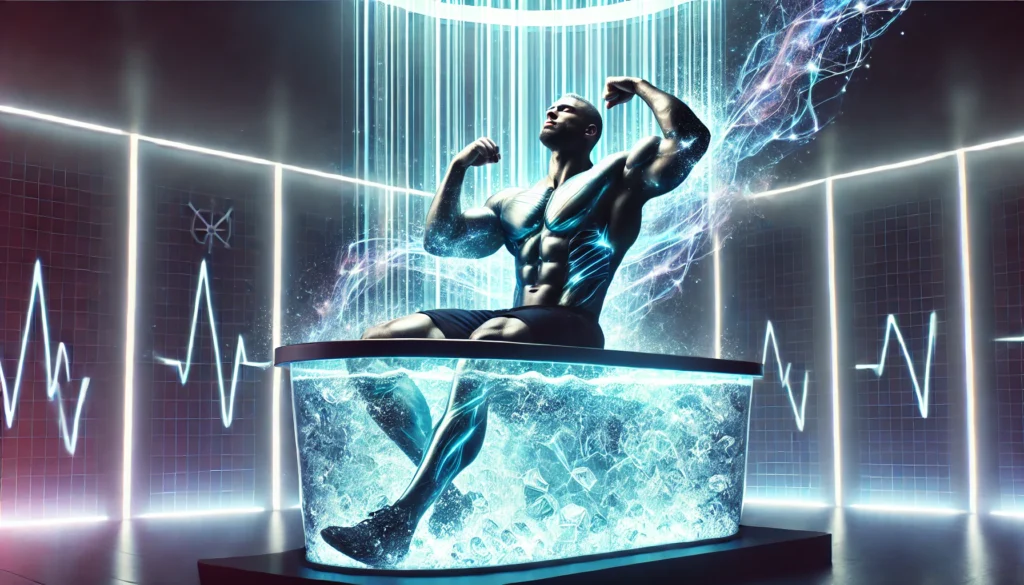 Maximize Your Recovery: The Best Post Workout Supplement for Muscle Growth and Regeneration 1 A powerful bodybuilder in an ice bath with glowing energy waves flowing through their muscles, symbolizing muscle healing and post-workout recovery. The setting has a high-tech, futuristic design with cool blue and purple lighting