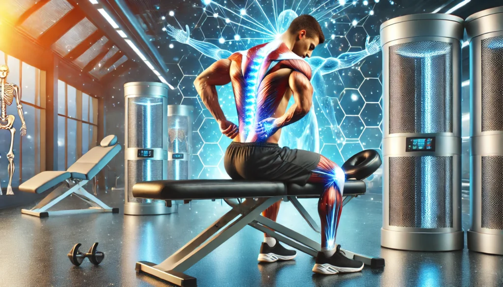 Maximize Your Recovery: The Best Post Workout Supplement for Muscle Growth and Regeneration 2 A fitness enthusiast receiving an advanced sports massage therapy in a modern gym. Their muscles glow, representing regeneration and recovery. The background includes cryotherapy machines and futuristic massage tools in a serene setting.