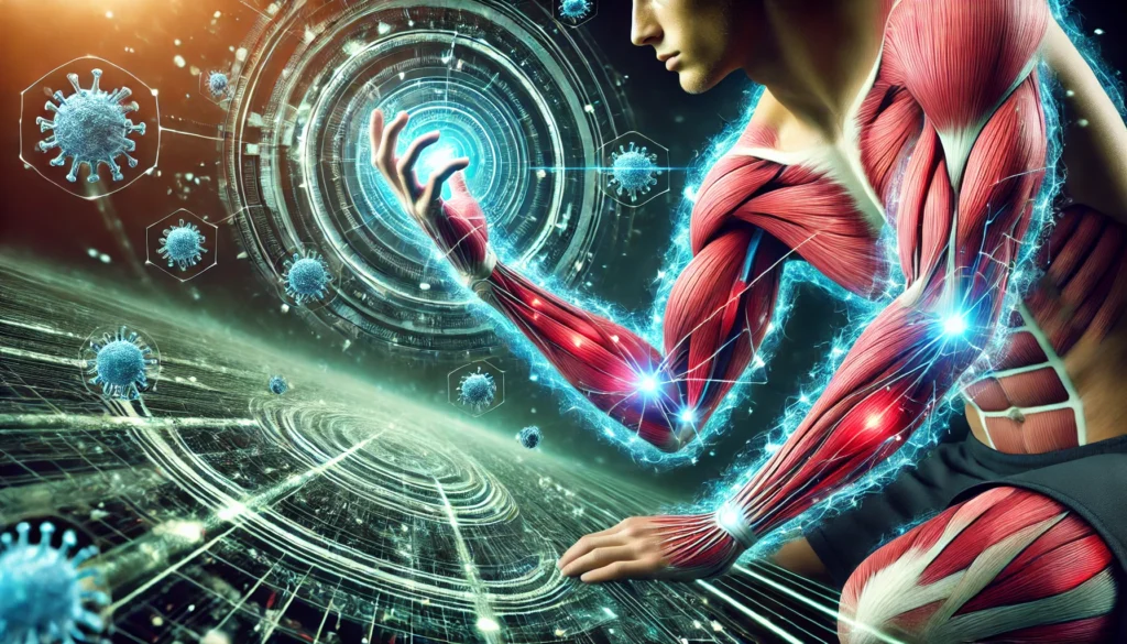 Maximize Your Recovery: The Best Post Workout Supplement for Muscle Growth and Regeneration 3 A close-up of an athlete’s arm with glowing muscle fibers repairing themselves after an intense workout. The futuristic scene showcases sci-fi-inspired muscle regeneration with microcellular healing effects
