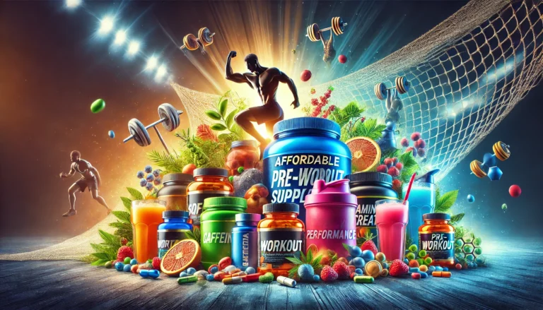 A vibrant selection of budget-friendly pre-workout supplements, including powders, capsules, and energy drinks, arranged in a dynamic gym setting. The scene highlights natural performance-enhancing ingredients like caffeine, amino acids, and creatine, emphasizing affordability and energy for athletes