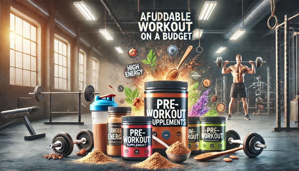 Maximize Athletic Recovery Without Breaking the Bank: The Best Cheap Pre Workout Supplements for Performance Enhancement 1 A high-energy gym environment showcasing affordable pre-workout supplements, featuring scoops of powder, shaker bottles, and supplement containers. Athletes prepare for their workout, reinforcing the theme of cost-effective performance enhancement.