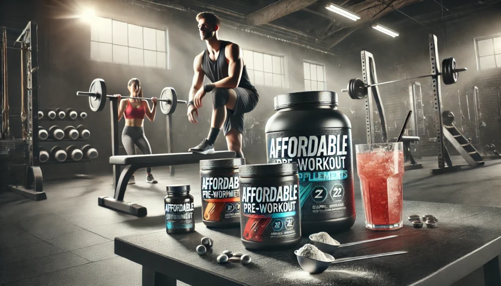 Maximize Athletic Recovery Without Breaking the Bank: The Best Cheap Pre Workout Supplements for Performance Enhancement 2 A dynamic fitness setting with low-cost pre-workout supplements displayed on a workout bench. The image highlights supplement jars, hydration drinks, and powder scoops, creating an energetic and budget-conscious atmosphere for muscle recovery and endurance