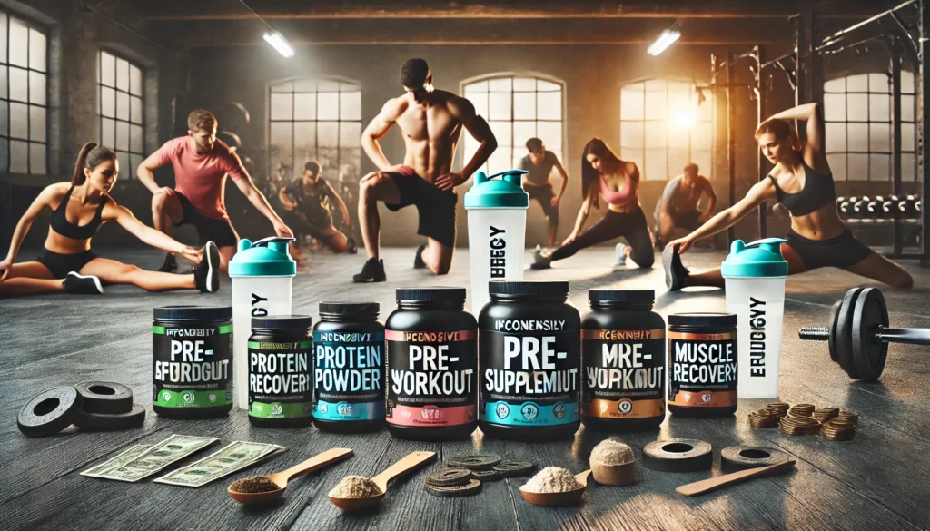 Maximize Athletic Recovery Without Breaking the Bank: The Best Cheap Pre Workout Supplements for Performance Enhancement 3 A visually engaging gym floor scene displaying inexpensive pre-workout supplements such as protein powders, shaker cups, and supplement bottles. Athletes stretch and prepare for exercise, promoting muscle recovery and peak performance without breaking the bank