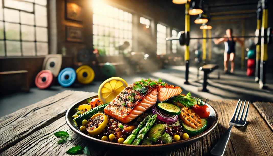 A nutritious post-workout meal featuring grilled salmon, roasted vegetables, and quinoa, garnished with fresh herbs and lemon. The dish is served on a rustic wooden table with a blurred gym background, emphasizing muscle recovery and weight loss.