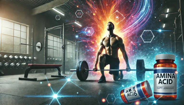 A high-energy gym scene featuring a muscular athlete lifting weights, surrounded by a glowing aura symbolizing amino acid supplementation. The futuristic lighting represents enhanced endurance and workout performance