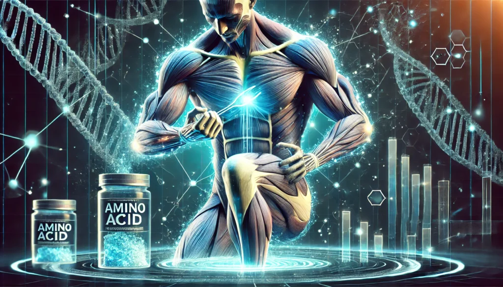 Boost Your Workout: How an Amino Acid Pre Workout Supplement Enhances Athletic Recovery & Regeneration 1 A futuristic visualization of muscle recovery, depicting an athlete’s muscles being repaired with glowing energy lines representing amino acid supplementation. The sci-fi aesthetic highlights biomechanics and advanced sports nutrition.