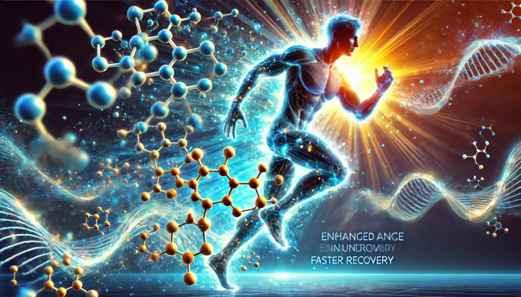 Boost Your Workout: How an Amino Acid Pre Workout Supplement Enhances Athletic Recovery & Regeneration 2 A dynamic sports nutrition concept showing amino acid molecules dissolving into a glowing energy wave, flowing into an athlete’s body. The scene represents enhanced endurance, faster recovery, and muscular strength in a futuristic style.