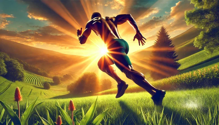 Athlete sprinting at sunrise with defined muscles, surrounded by lush greenery and golden sunlight, symbolizing peak performance and natural energy