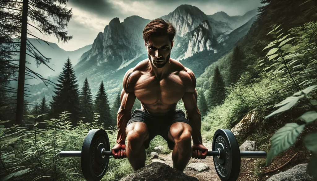 Unlock Peak Performance: The Best All Natural Pre Workout for Athletic Recovery & Regeneration 2 Athlete lifting weights outdoors among rugged mountains and dense greenery, showcasing peak physical performance and strength recovery connected to nature