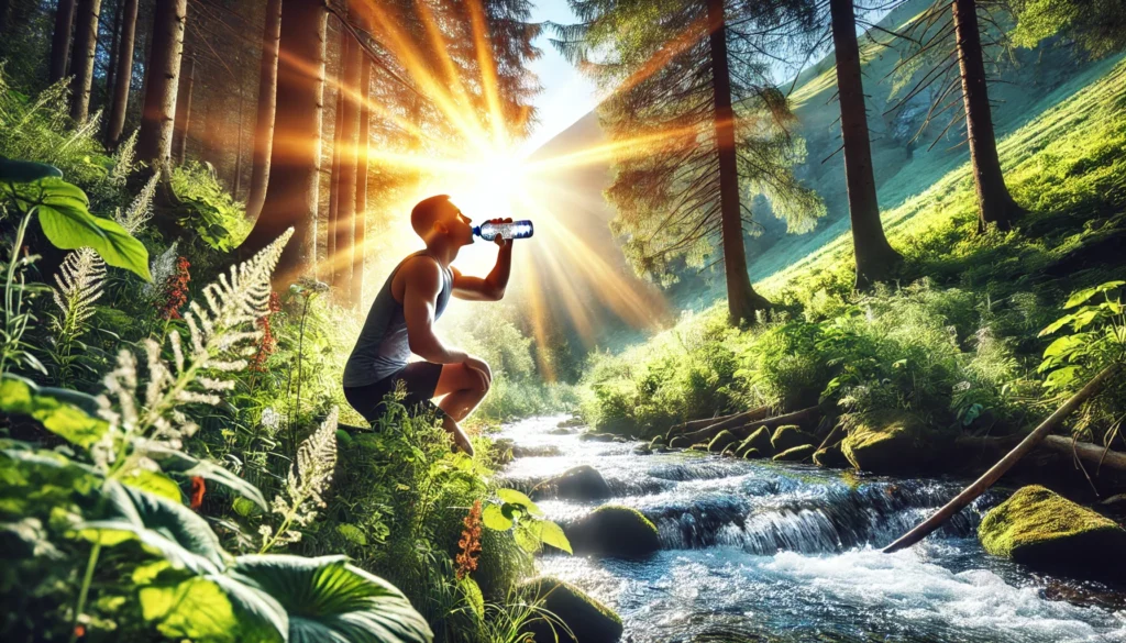 Unlock Peak Performance: The Best All Natural Pre Workout for Athletic Recovery & Regeneration 3 Athlete drinking from a fresh mountain stream surrounded by vibrant flora and sunlight, symbolizing natural hydration and energy replenishment