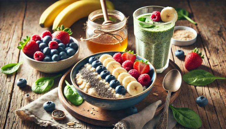 Post-workout breakfast with a bowl of oatmeal topped with fresh berries, chia seeds, and honey, paired with a banana spinach protein smoothie on a rustic wooden table.