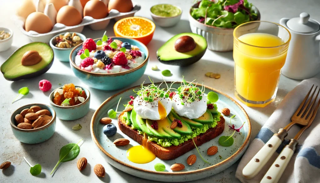 The Best Post Workout Breakfast: Top Foods to Speed Up Athletic Recovery & Regeneration 1 Avocado toast with poached eggs and microgreens, accompanied by Greek yogurt with mixed nuts and dried fruits, and a glass of fresh orange juice on a bright kitchen counter.