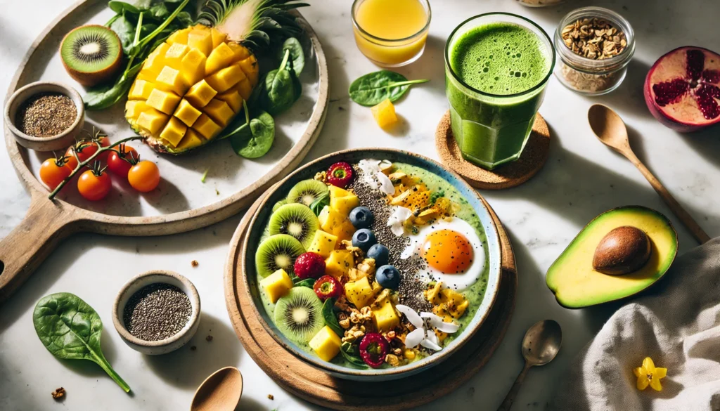 The Best Post Workout Breakfast: Top Foods to Speed Up Athletic Recovery & Regeneration 2 Smoothie bowl topped with tropical fruits, granola, and coconut flakes, next to scrambled eggs with spinach and cherry tomatoes, with a glass of green juice on a marble countertop