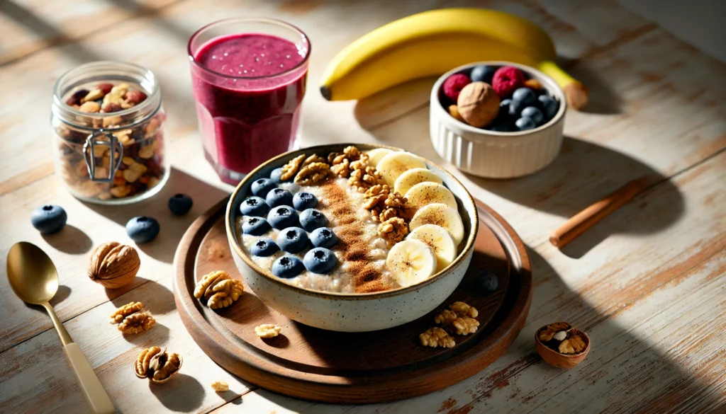 The Best Post Workout Breakfast: Top Foods to Speed Up Athletic Recovery & Regeneration 3 Quinoa porridge with almond milk, bananas, blueberries, walnuts, and cinnamon, served with a berry smoothie and mixed nuts on a minimalist wooden table