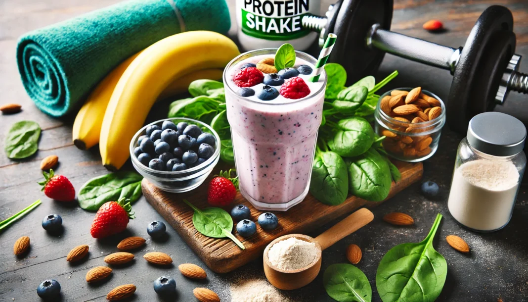 Nutritious post-workout protein shake surrounded by natural ingredients like bananas, berries, spinach, and almonds on a wooden countertop with gym towel and dumbbells in the background, emphasizing muscle recovery and growth.