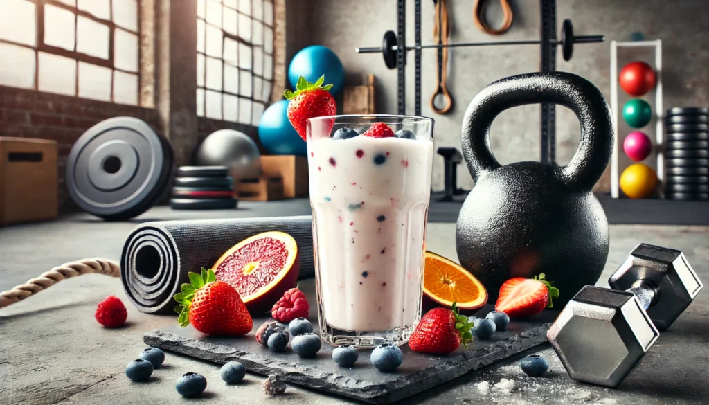 The Best Post Workout Protein Shake: Maximize Recovery & Muscle Growth Naturally 1 Creamy protein shake in a glass garnished with strawberries and blueberries, placed alongside gym equipment including a kettlebell and yoga mat, symbolizing health and muscle recovery after a workout