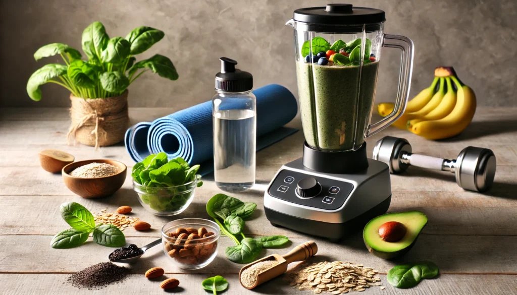 The Best Post Workout Protein Shake: Maximize Recovery & Muscle Growth Naturally 2 Blender filled with natural protein shake ingredients such as leafy greens, nuts, oats, and fruits, with a rolled-up yoga mat and water bottle in the background, promoting a healthy lifestyle for muscle recovery and growth