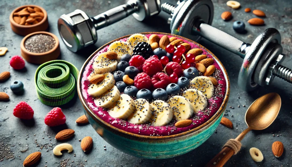 The Best Post Workout Protein Shake: Maximize Recovery & Muscle Growth Naturally 3 Refreshing smoothie bowl topped with sliced bananas, chia seeds, nuts, and berries, with dumbbells and a fitness band in the background, representing a post-workout recovery routine and muscle growth
