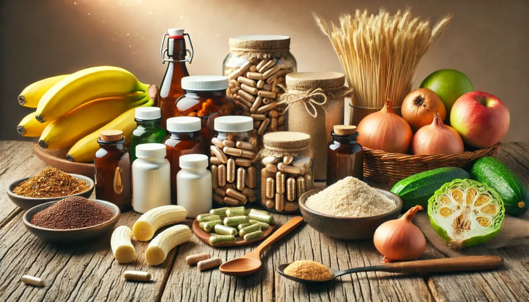 A visually appealing display of natural gut health supplements, including probiotic capsules, prebiotic-rich foods like bananas and onions, digestive enzymes, and fiber powders, arranged on a wooden table with warm, natural lighting to emphasize freshness and health