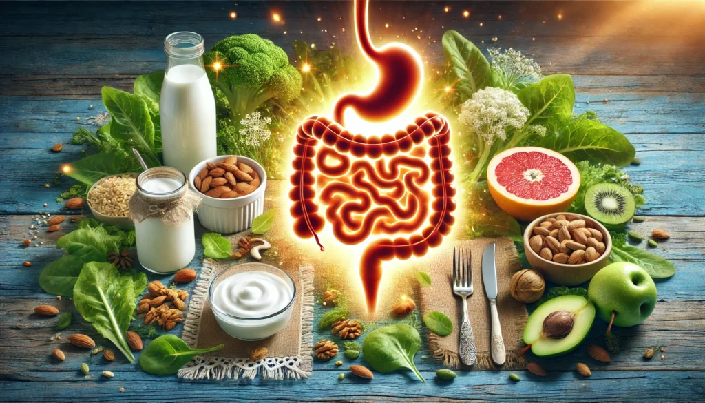 Best Supplements for Gut Health: Top Bioavailable Nutrients for Optimal Digestion 1 A glowing digestive system illustration surrounded by natural gut-friendly ingredients like yogurt, kefir, leafy greens, and nuts, with bright, organic lighting to represent wellness and gut health support.