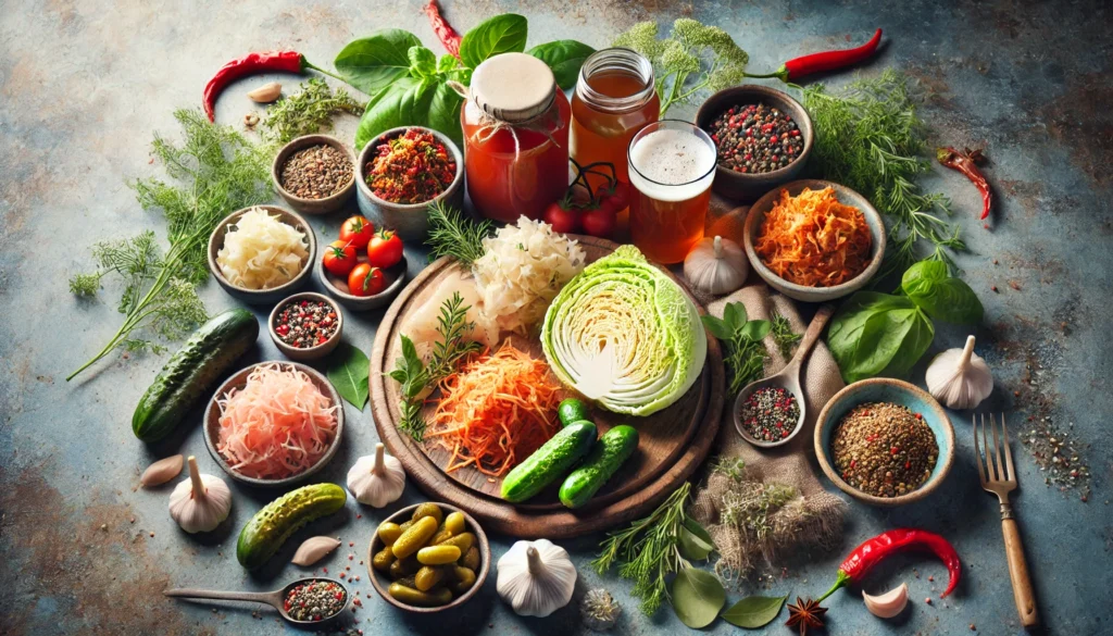 Best Supplements for Gut Health: Top Bioavailable Nutrients for Optimal Digestion 2 A beautifully arranged display of fermented foods such as kimchi, sauerkraut, miso, kombucha, and pickles, surrounded by fresh herbs and spices, with natural lighting emphasizing their probiotic benefits for gut health