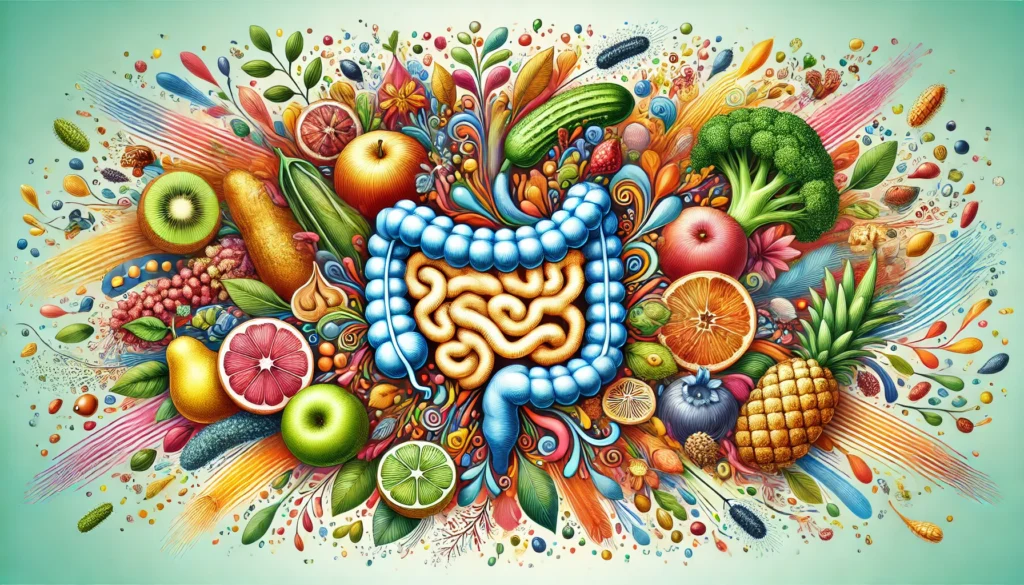 Best Supplements for Gut Health: Top Bioavailable Nutrients for Optimal Digestion 3 An artistic depiction of a thriving gut microbiome, represented as a colorful ecosystem of beneficial bacteria, surrounded by fresh whole foods like fruits, vegetables, nuts, and seeds, symbolizing optimal digestion and gut health