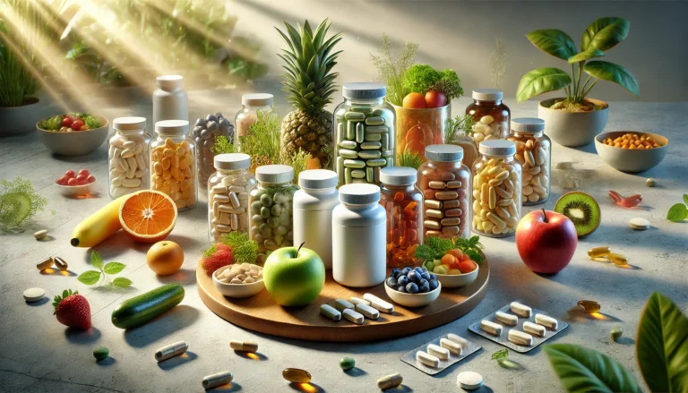 A visually appealing composition of dietary supplements, including capsules, tablets, and soft gels, arranged on a clean surface with fresh fruits, vegetables, and herbs surrounding them, symbolizing the relationship between natural nutrition and supplementation