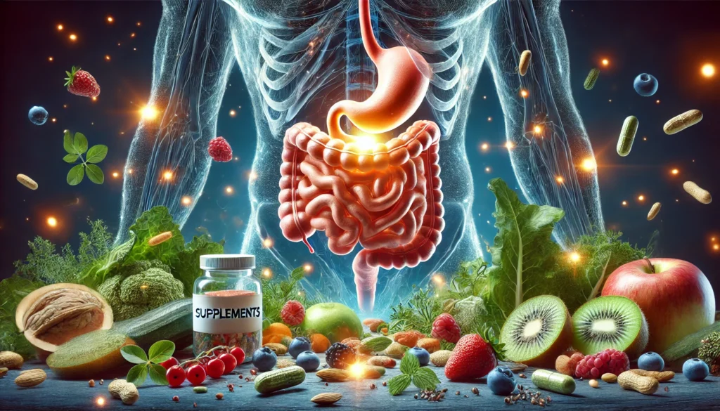 Do Supplements Work? Exploring the Science Behind Food Supplement Vitamins and Their Effectiveness 1 A conceptual illustration of the human digestive system with a glowing, semi-transparent stomach and intestines, surrounded by floating supplements and natural foods like berries, leafy greens, and nuts, symbolizing the process of nutrient absorption and the effectiveness of supplements