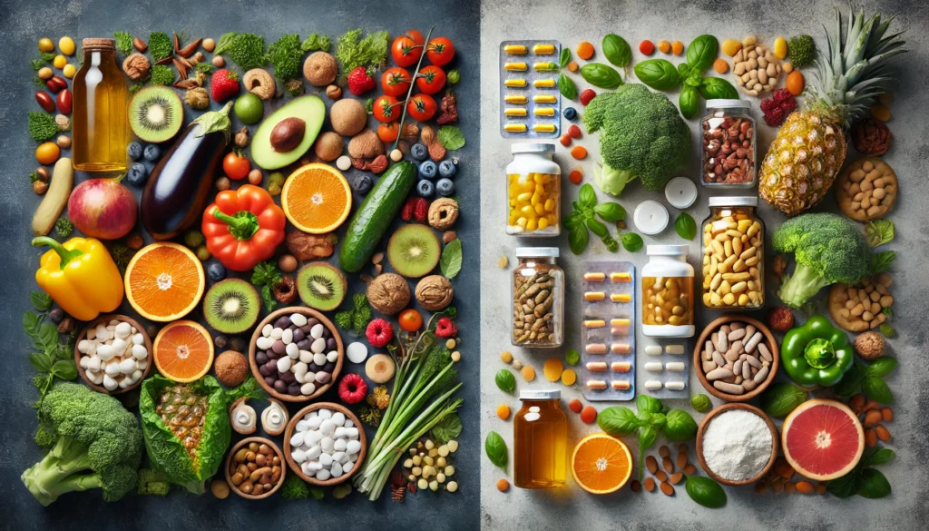 Do Supplements Work? Exploring the Science Behind Food Supplement Vitamins and Their Effectiveness 2 A side-by-side visual comparison of natural whole foods, including fresh fruits, vegetables, nuts, and seeds, contrasted with processed vitamin supplements in bottles, emphasizing the debate between natural nutrition and synthetic supplementation