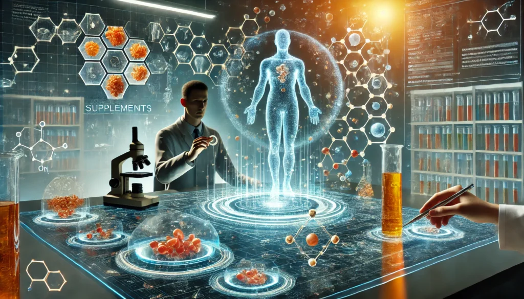 Do Supplements Work? Exploring the Science Behind Food Supplement Vitamins and Their Effectiveness 3 A futuristic laboratory scene depicting scientific research on dietary supplements, with a researcher analyzing the molecular structure of vitamins using holographic displays that illustrate the interaction between supplements and human cells, symbolizing the investigation into supplement effectiveness and bioavailability
