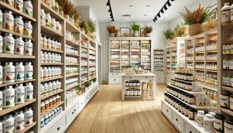 A well-lit and organized supplement store with neatly arranged shelves displaying a variety of vitamin bottles, herbal extracts, and organic wellness products, creating a clean and inviting shopping environment