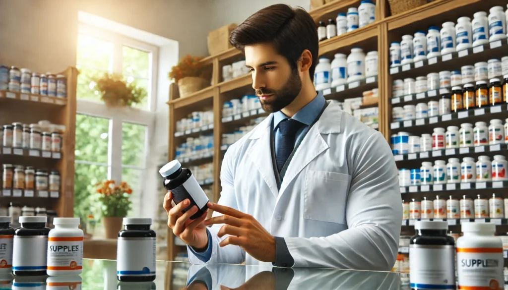 How to Choose the Best Supplement Health Store for Bioavailable Nutrients and Holistic Wellness 2 A health expert in a lab coat carefully examining a bottle of supplements in a well-stocked store, symbolizing professionalism, trust, and the importance of informed supplement selection