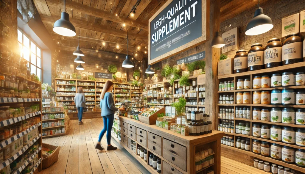 How to Choose the Best Supplement Health Store for Bioavailable Nutrients and Holistic Wellness 3 A vibrant market-style supplement store with eco-friendly packaging, natural wooden shelves, and an organic atmosphere, where customers browse and select high-quality health products