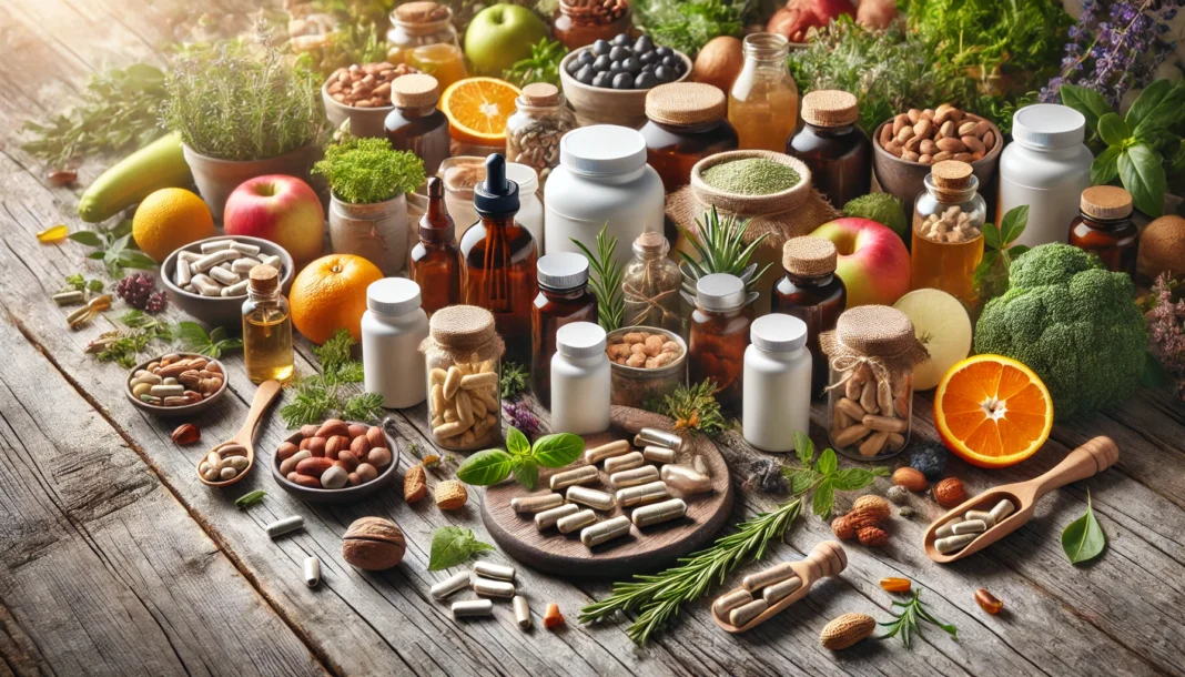 A visually appealing assortment of various natural supplements, including capsules, powders, and liquids, displayed on a rustic wooden table surrounded by fresh herbs, fruits, and nuts, symbolizing natural sources of nutrients. Soft natural lighting enhances the organic fee