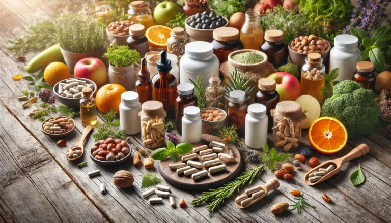 A visually appealing assortment of various natural supplements, including capsules, powders, and liquids, displayed on a rustic wooden table surrounded by fresh herbs, fruits, and nuts, symbolizing natural sources of nutrients. Soft natural lighting enhances the organic fee