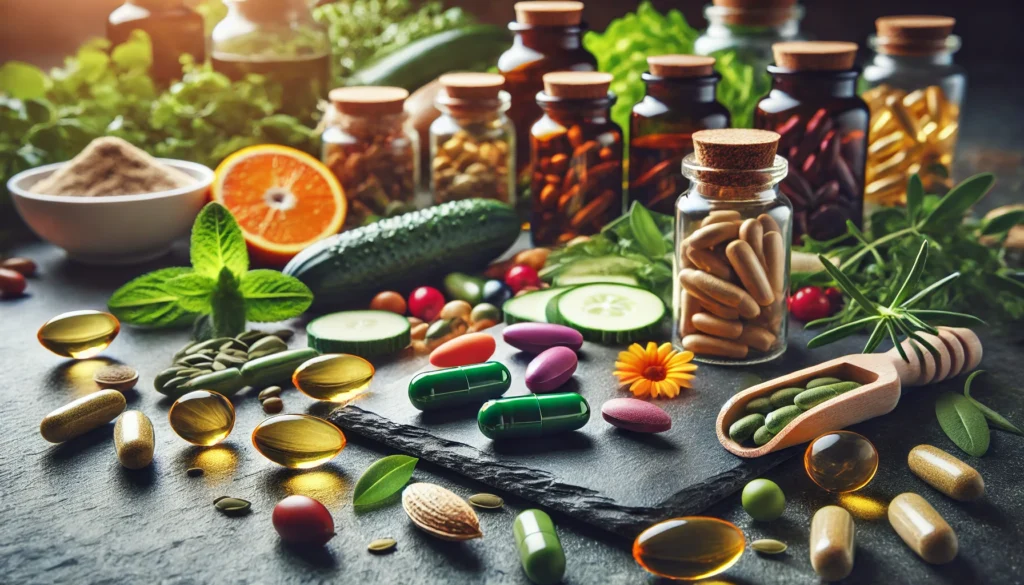 The Ultimate List of Supplements: A Guide to Bioavailable Nutrients for Optimal Health 1 A close-up of a variety of supplement capsules and soft gels in vibrant natural colors, elegantly arranged on a dark slate surface, surrounded by fresh plant extracts and seeds, emphasizing their organic origins. A soft-focus background enhances the depth and visual appeal.
