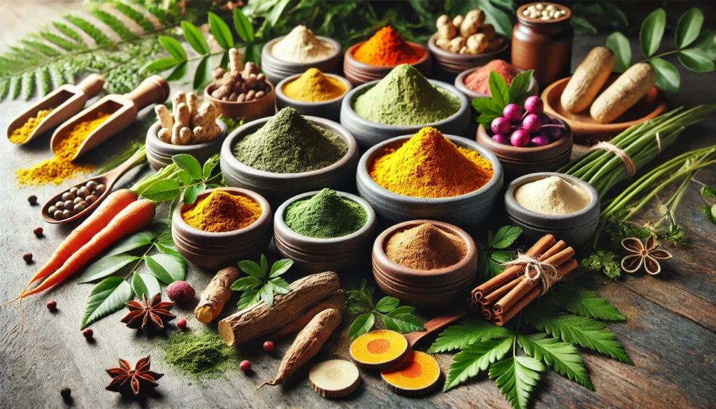 The Ultimate List of Supplements: A Guide to Bioavailable Nutrients for Optimal Health 2 A beautifully arranged collection of powdered supplements in small ceramic bowls, featuring vibrant natural colors like green, orange, and beige, surrounded by fresh roots, leaves, and spices, highlighting their organic and plant-based origins. Soft natural lighting enhances the warm and inviting feel