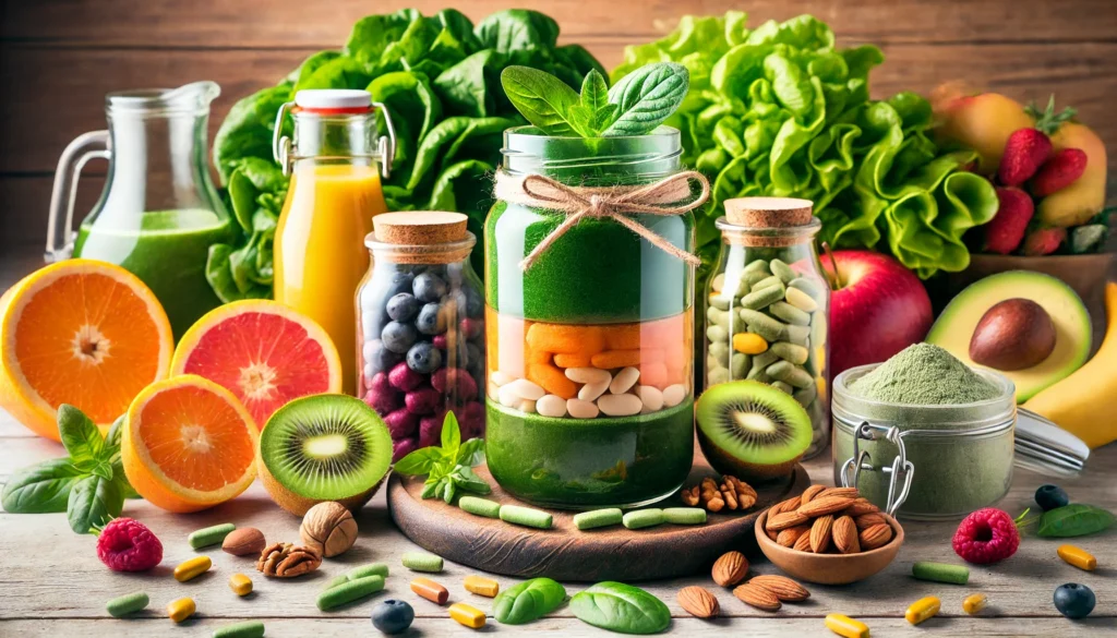 The Ultimate List of Supplements: A Guide to Bioavailable Nutrients for Optimal Health 3 A visually rich composition of supplement-infused smoothies in glass jars, featuring vibrant green, orange, and purple hues, surrounded by fresh fruits, nuts, and leafy greens, emphasizing their nutrient-packed content. The bright and fresh setting with a natural wood backdrop adds warmth