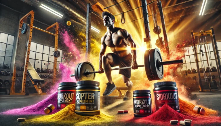 Muscular athlete lifting heavy weights in a modern gym, surrounded by vibrant workout supplements. Dramatic lighting emphasizes muscle definition and intense focus, highlighting the power and determination of peak performance
