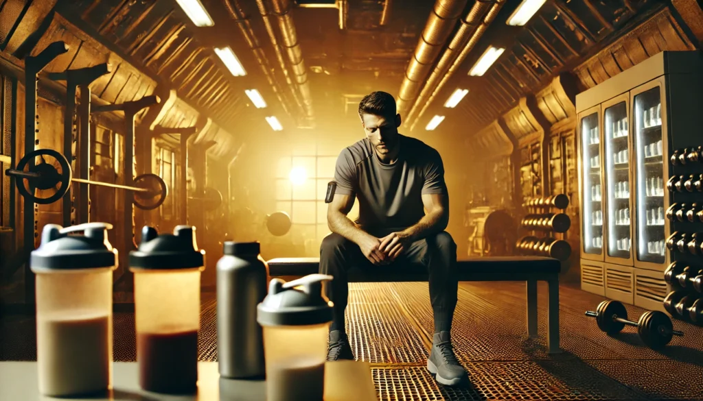 Unlock Peak Performance: The Best Pre and Post Workout Supplements for Muscle Gain and Recovery 1 Exhausted athlete recovering post-workout on a gym bench with protein shakes and supplement containers nearby. Warm lighting and organized fitness area create a relaxing ambiance for muscle recovery and rejuvenation