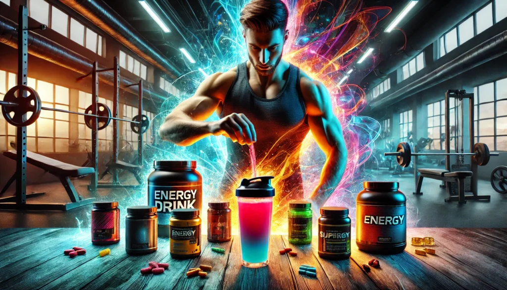 Unlock Peak Performance: The Best Pre and Post Workout Supplements for Muscle Gain and Recovery 2 Athlete preparing a colorful energy drink before an intense workout session, surrounded by pre-workout supplements. Vibrant lighting and a modern gym setting convey motivation and readiness for peak athletic performance