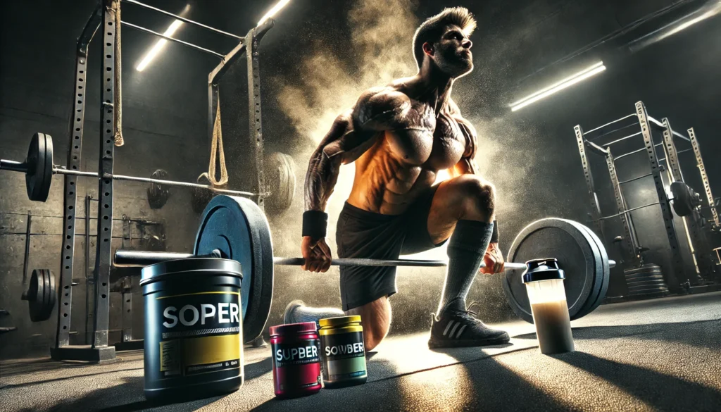 Unlock Peak Performance: The Best Pre and Post Workout Supplements for Muscle Gain and Recovery 3 Intense weightlifting action scene with an athlete mid-rep, showcasing dramatic muscle effort. Supplement powders and shakers nearby in a hardcore gym environment, symbolizing strength and peak performance goals