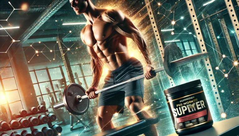 Muscular athlete lifting heavy weights in a modern gym, showcasing intense focus and muscle definition with subtle hints of pre-workout supplements in the background